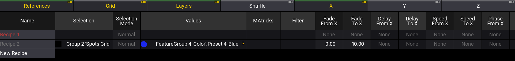 The image shows en example of the recipe editor with two recipe lines.