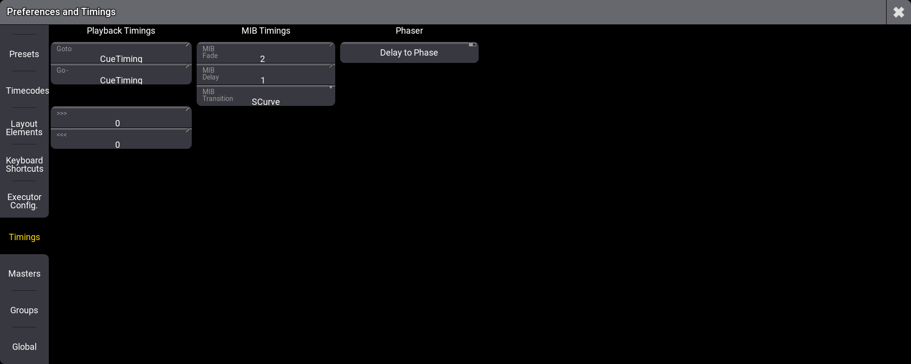 Menu showing the default timings.