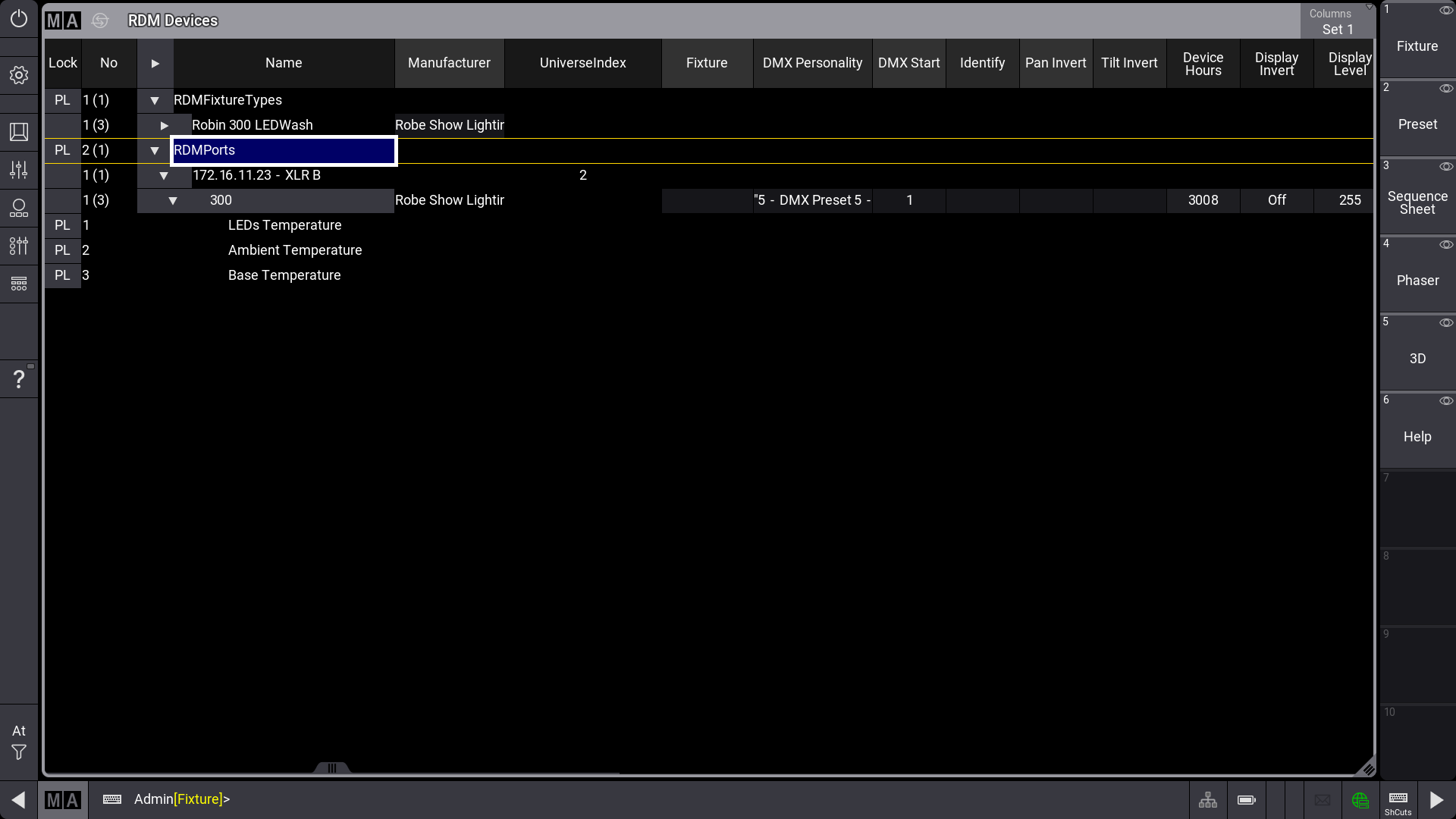 RDM devices window with RDMPorts in expanded mode.