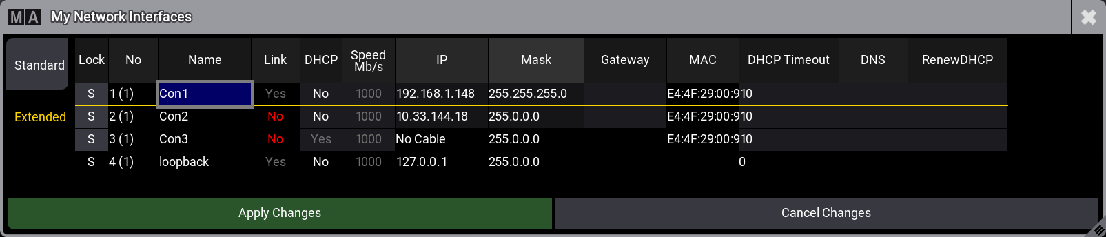 The image show the extended version of the My Network Interfaces pop-up.