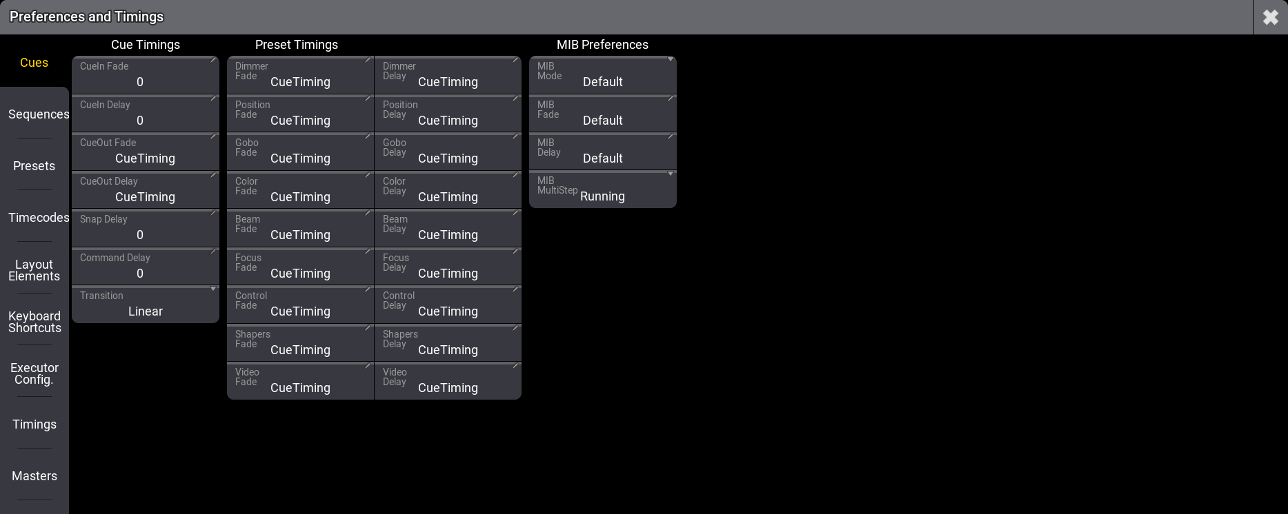 Menu showing default cue timings.