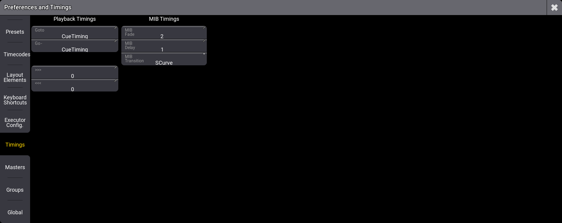 Menu showing the default timings. 