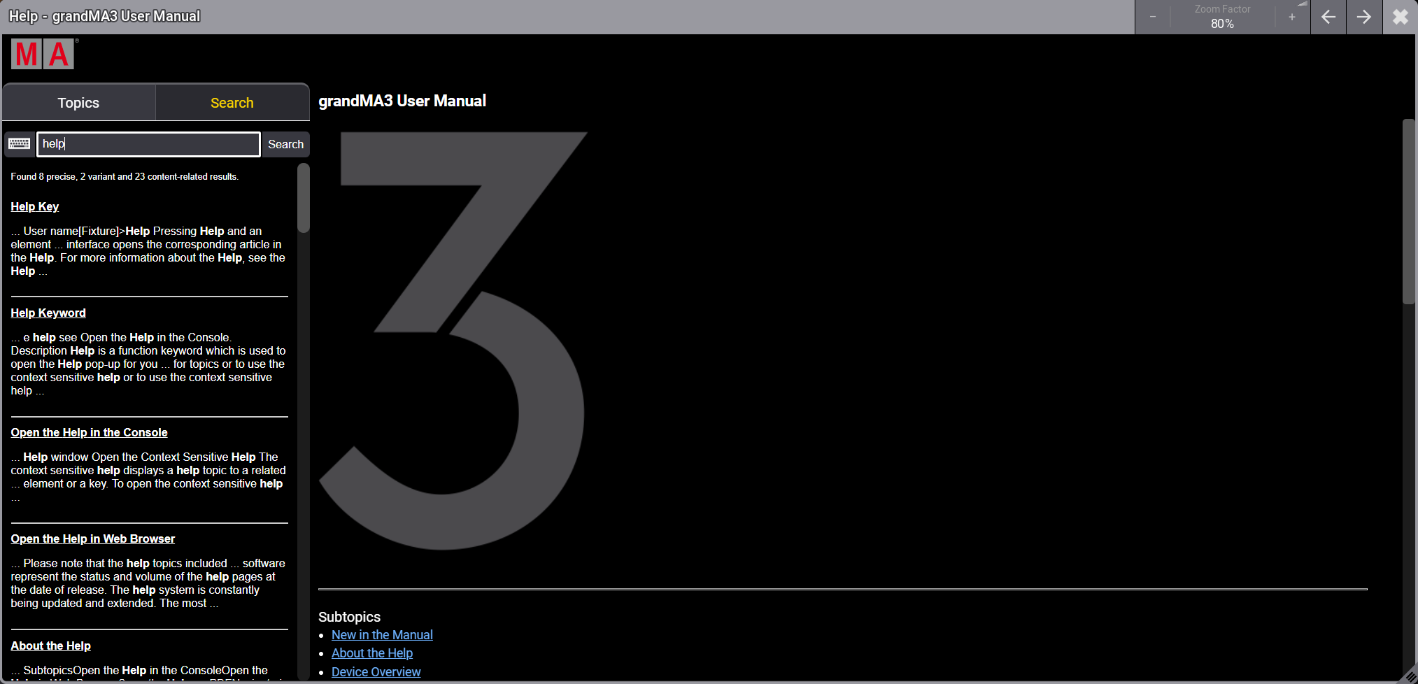 The help window with a search result is shown