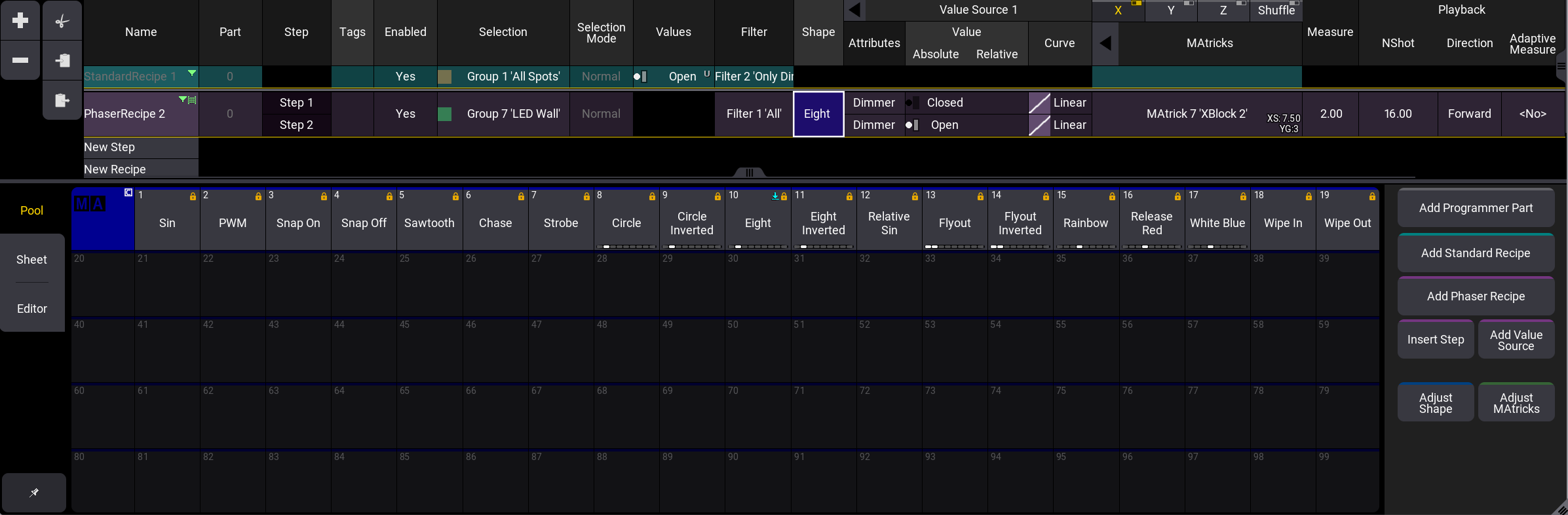 The image shows en example of the recipe editor with two recipe lines.